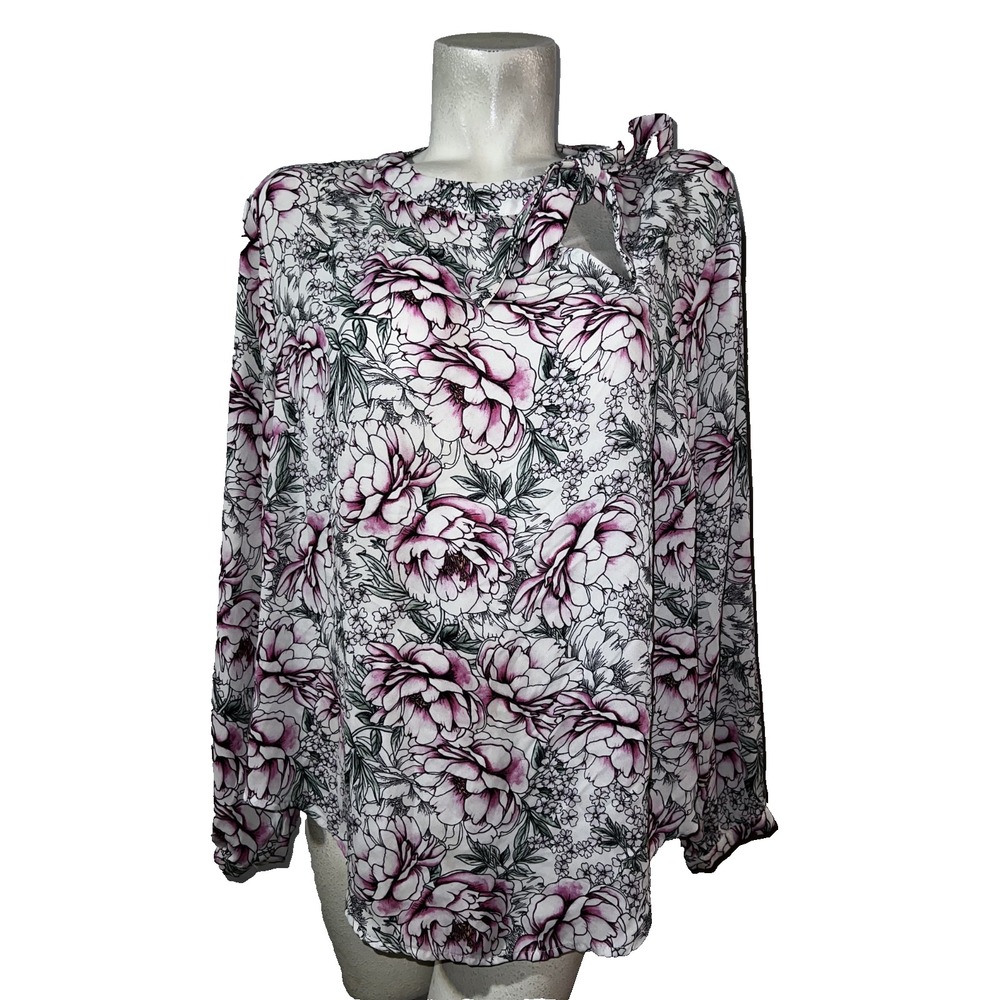Torrid Womens Floral Keyhole Tie Neck Blouse Purple White Long Sleeve Top Size 1